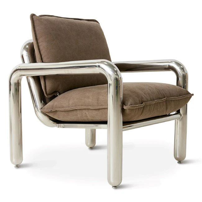 Chrome Lounge Armchair, Canvas Brown - Image 2