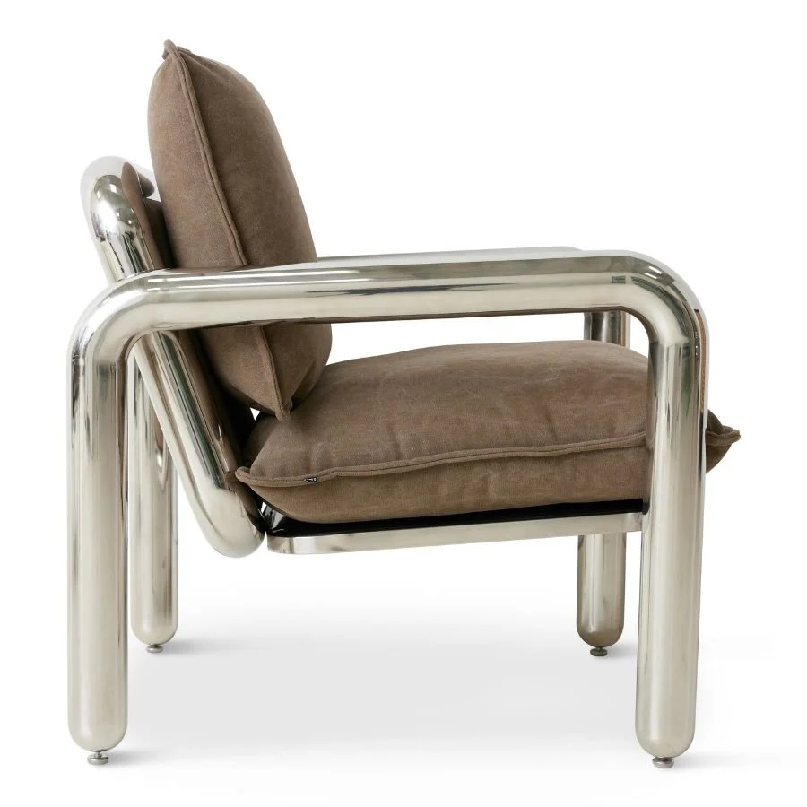 Chrome Lounge Armchair, Canvas Brown - Image 3