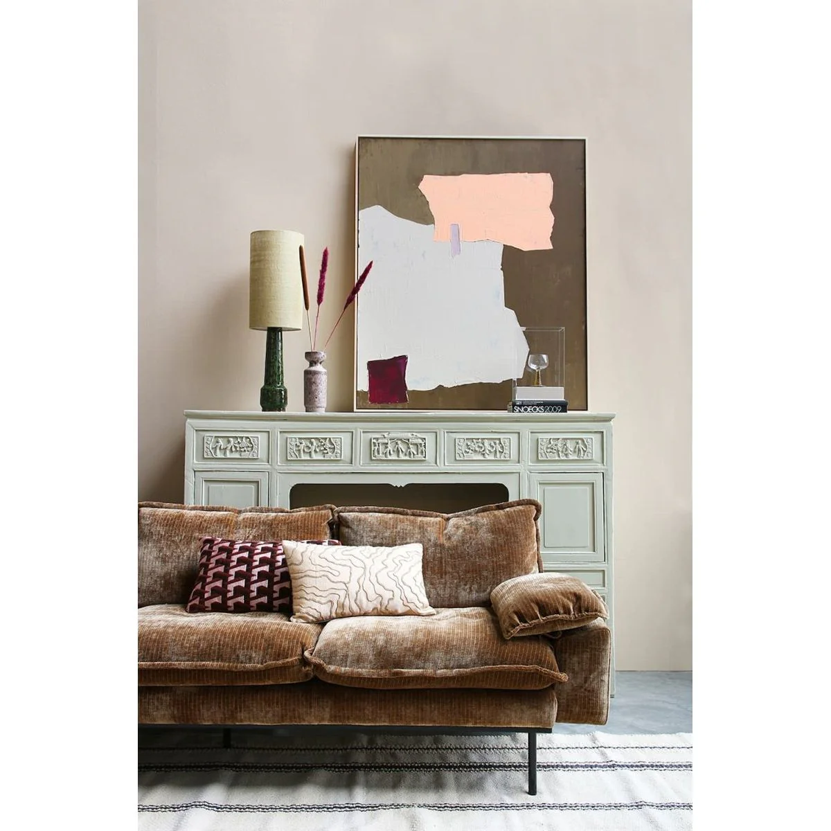 Retro Sofa: 2- Seats, Velvet Corduroy, Aged Gold - Image 3